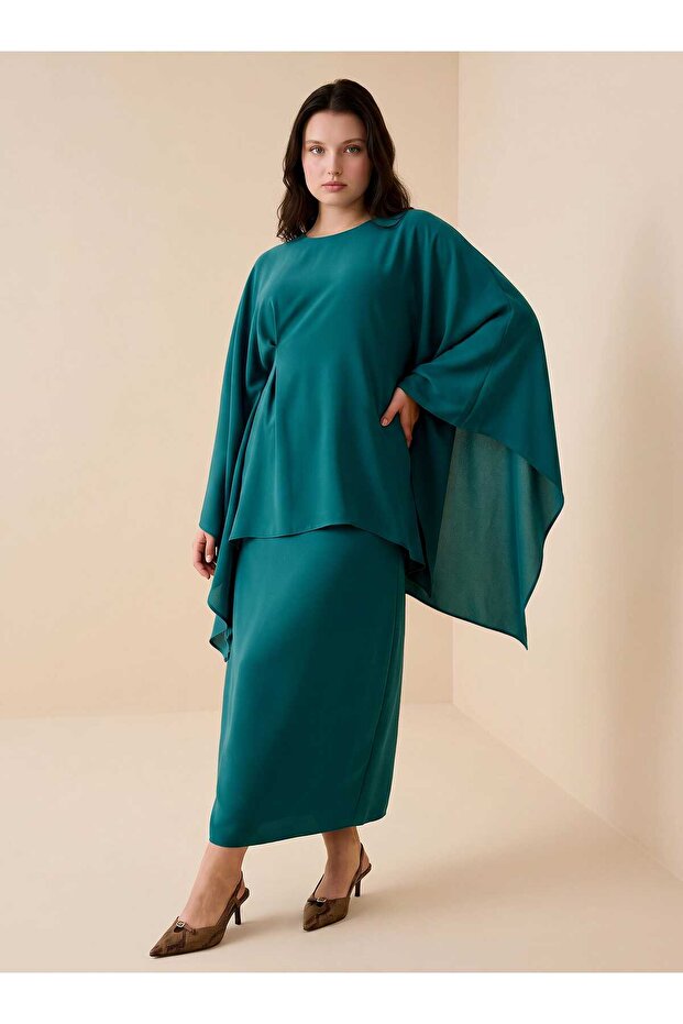 Batwing Sleeve Detailed Tunic & Skirt Plus Size Set - Emerald Green -