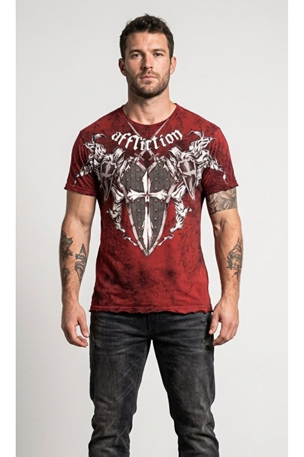 Affliction Shield Sword Gothic Y2K Red Washed Unisex T-Shirt