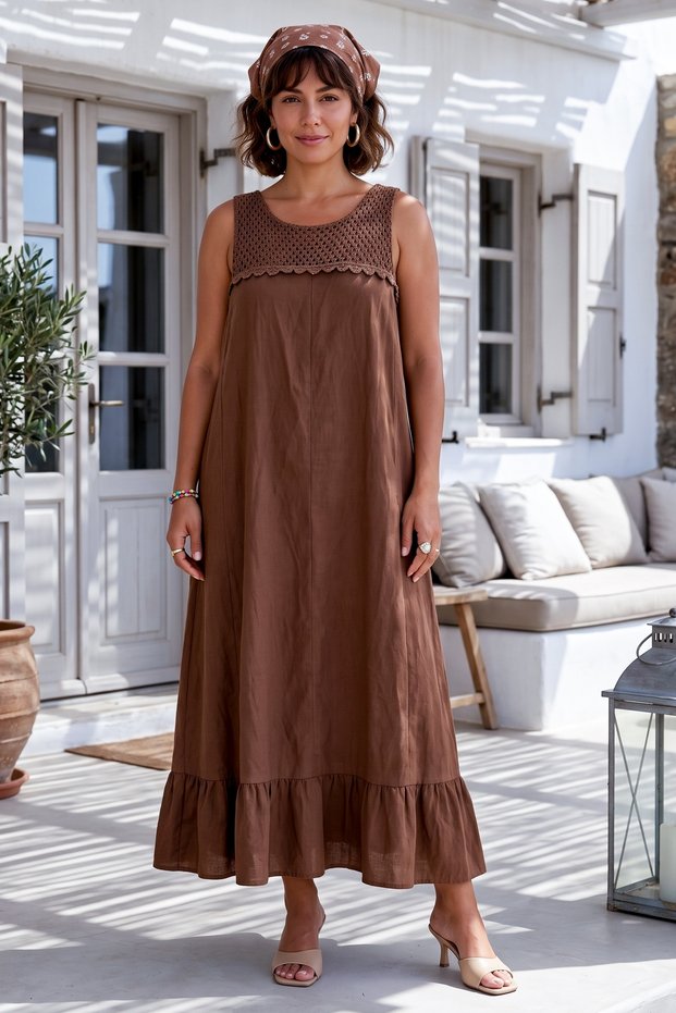 Italian Chocolate Color Pool Collar Sleeveless Skirt Ruffle Trim Knitwear Garnished Linen Woven Dress 135 58