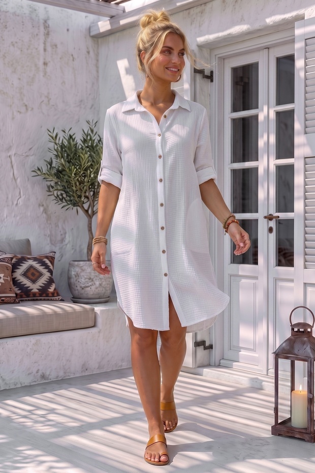 White Shirt Collar 3/4 Sleeve Buttoned Pocket Casual Muslin Oversize Woven Dress 97 65