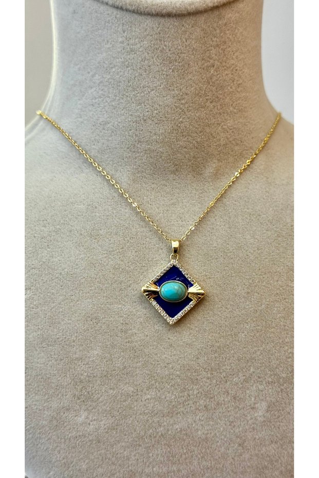 Steel Navy Blue Enamel and Turquoise Stone Geometric Necklace