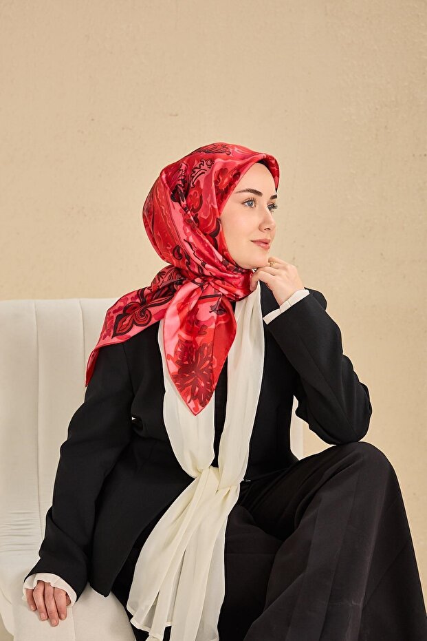 Twill Silk Scarf Art Pattern Dark Red 90X90