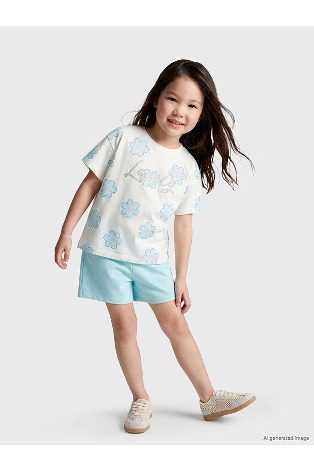 Lcw Kids Ecru Glittery Floral Girls' Shorts Set