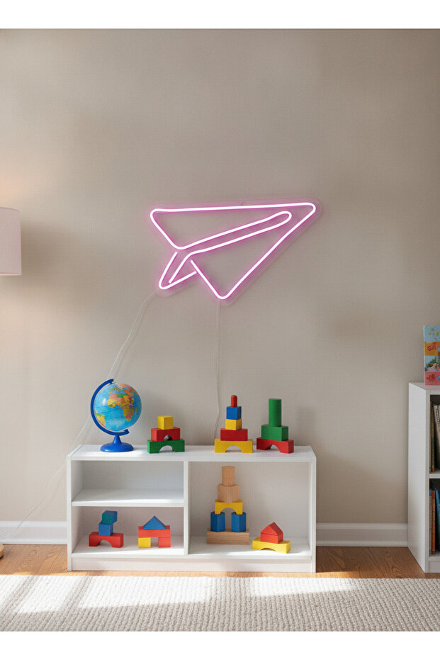 Kağıt Uçak Figürlü LED Neon Duvar Tablosu | Pembe Aydınlatmalı Modern Dekor | Genç Odası - 3
