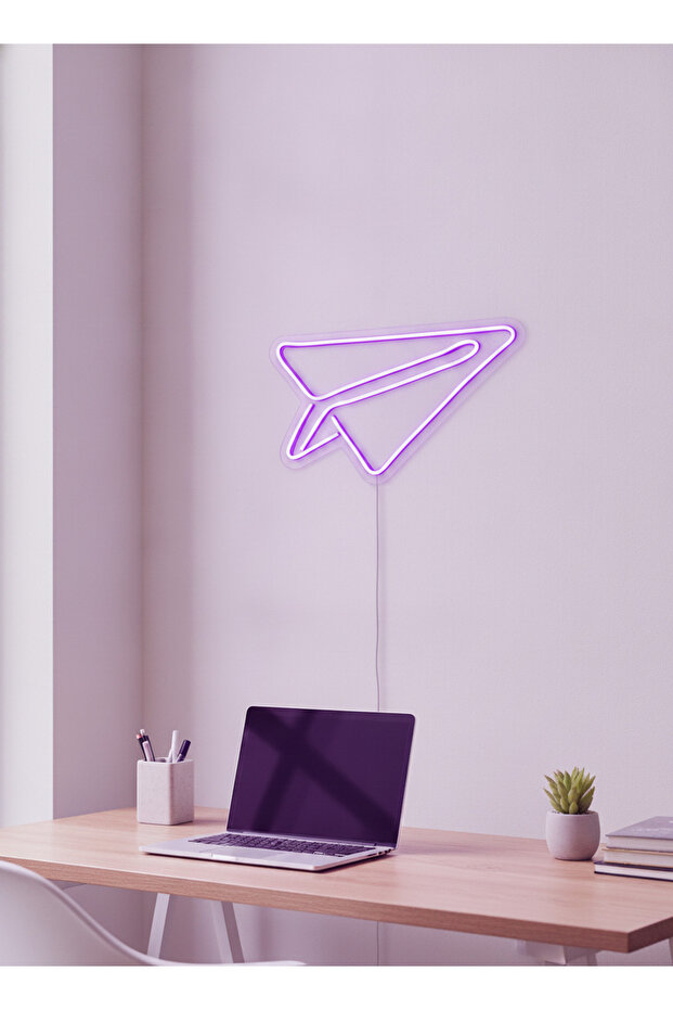 Kağıt Uçak Figürlü LED Neon Duvar Tablosu | Mor Aydınlatmalı Modern Dekor | Genç Odası - 1