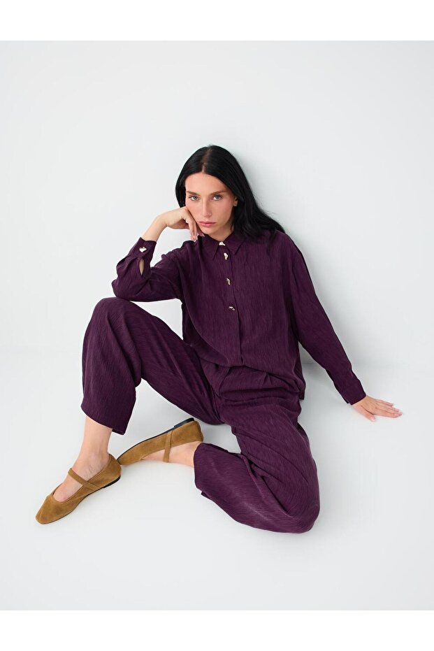 Burgundy Metal Button Detailed Relaxed Fit Trousers