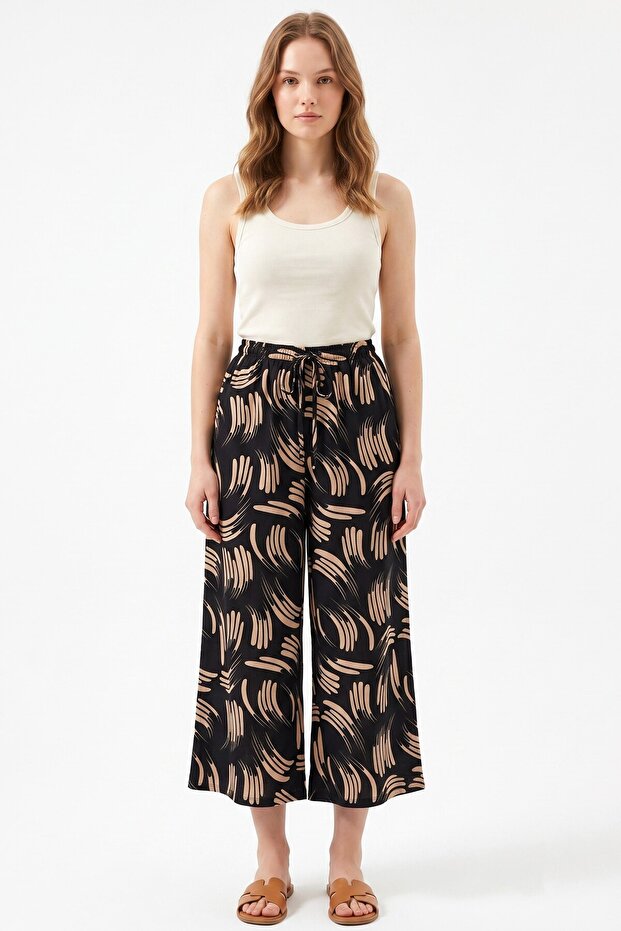 Women's Black Beige Patterned Wide-Leg Trousers - High-Waisted Atlas Pants