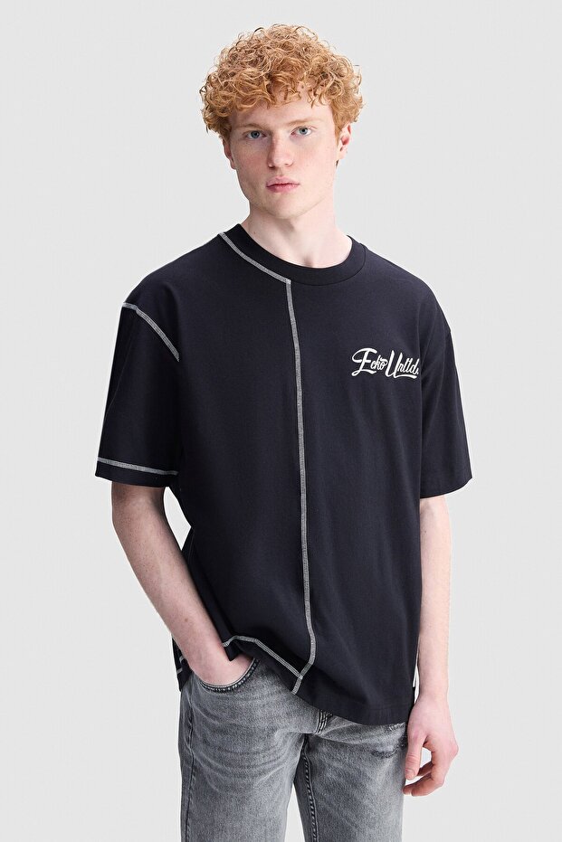 Reon Oversize Printed Crew Neck 100% Cotton Men's Black T-Shirt
