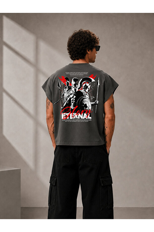 Glory Printed Oversize Worker Boxy Fit Sleeveless Crew Neck T-Shirt