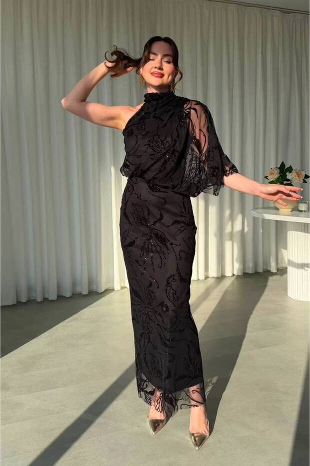 Women's Black Sleeve Detailed Front Draped Floral Detail Long Evening Dress