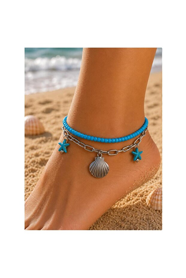 Blue Beaded Sea Themed Women's Double Anklet