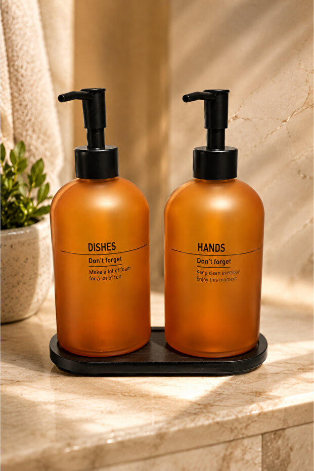 Amber Minimal Double Liquid Soap Dispenser Set | With Wooden Stand