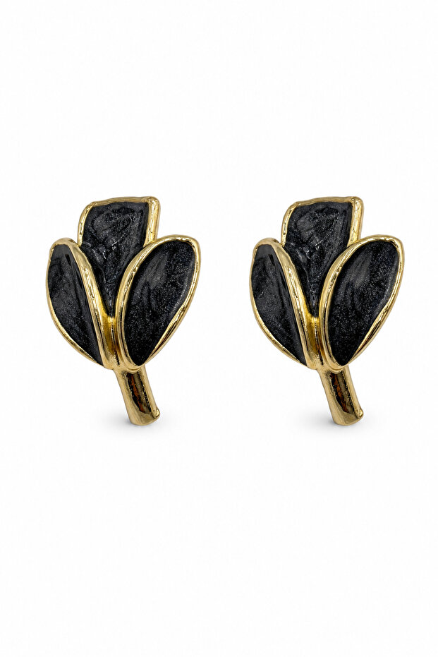Black Enamel Detailed Yellow Tone Leaf Design Bijouterie Earrings