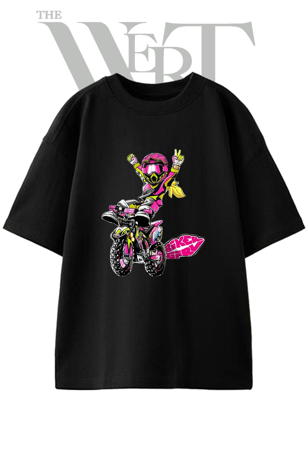 Biker Girl Design Printed Unisex Black Oversize T-Shirt
