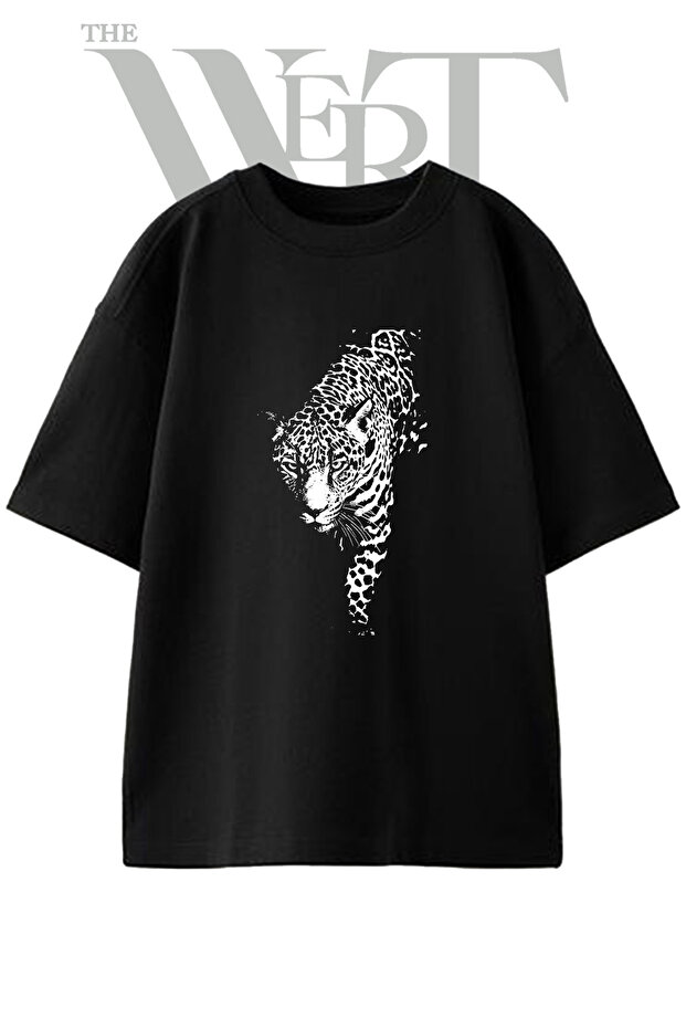 Leopard Face Design Printed Unisex Black Oversize T-Shirt
