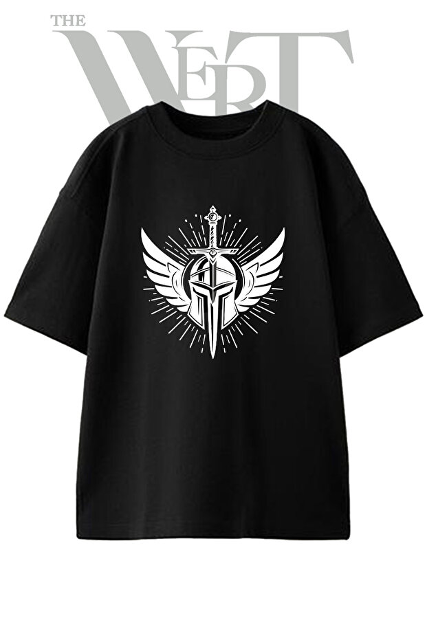 Spartan Helmet Sword Design Printed Unisex Black Oversize T-Shirt