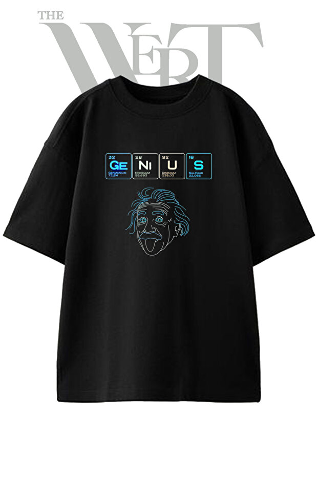 Albert Einstein Design Printed Unisex Black Oversize T-Shirt