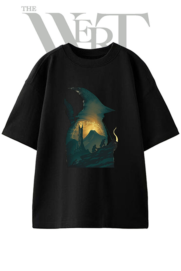 Lord Rings Design Printed Unisex Black Oversize T-Shirt