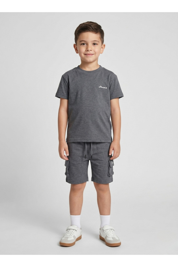 Boys Grey Casual Cargo Shorts Set