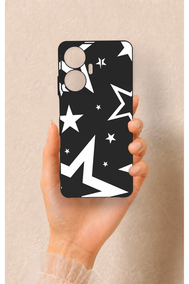 Realme C55 Compatible Black Mega Star Patterned Silicone Case