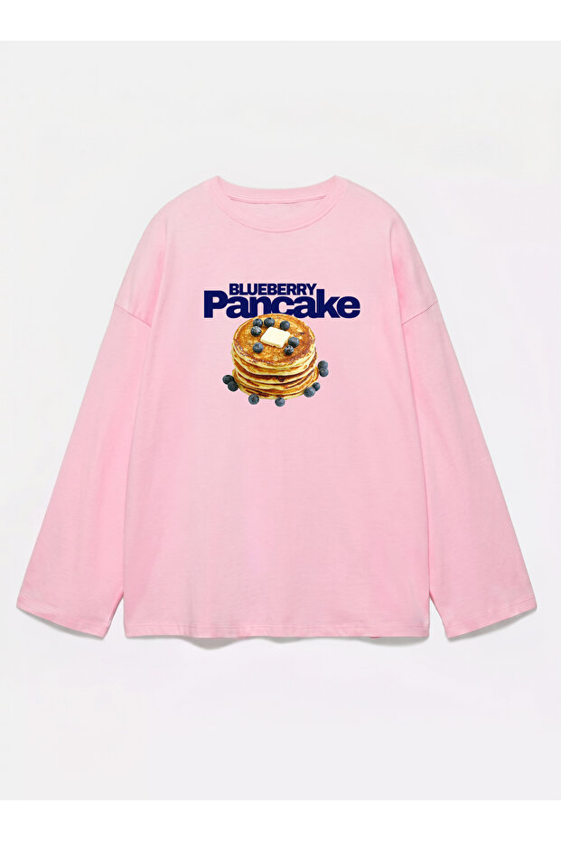 100% Cotton Oversize Fit Pancake Printed - Crew Neck Long Sleeve T-Shirt