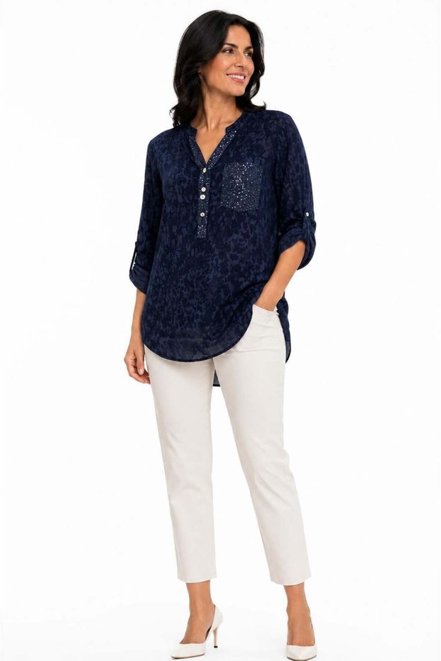 Women's Italian Leopard Pattern Sequin Detailed Pocketed Long Sleeve V-Neck Three Button Stylish Shirt