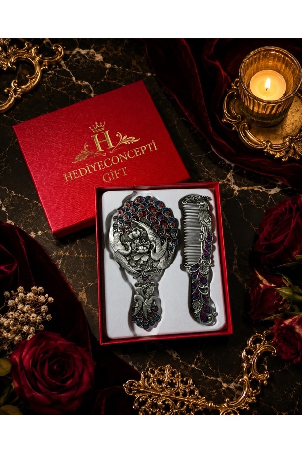 Luxury Gift Boxed Ottoman Palace Collection Antique Copper Stone Embroidered Hand Mirror and Comb Set