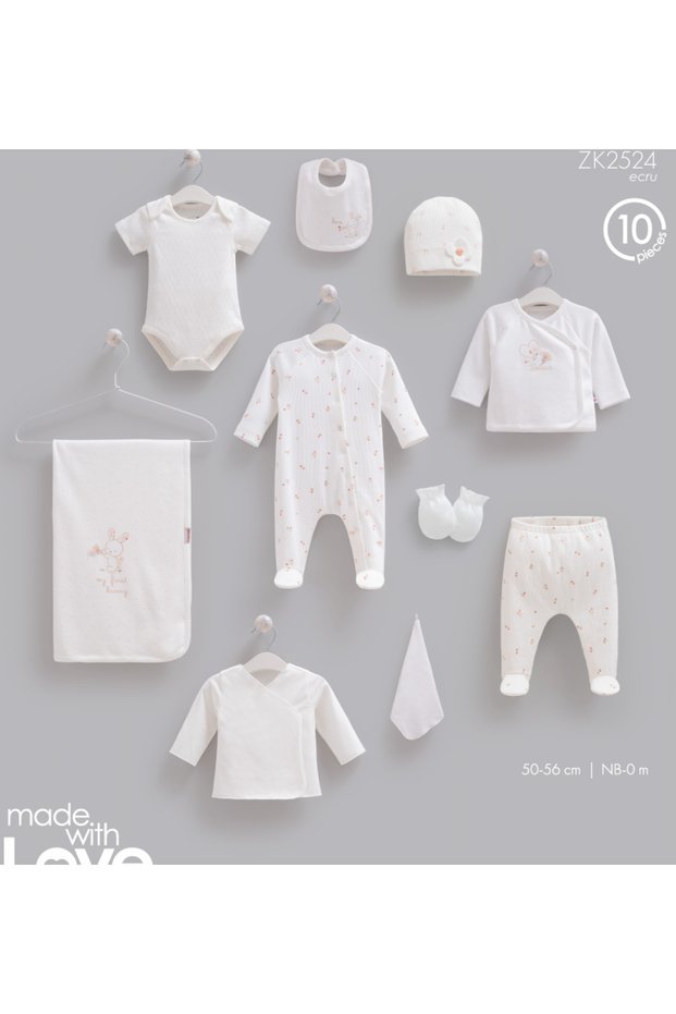 İncibaby Caramell 100% Cotton Love Bunny Premium Quality 10 Piece Baby Girl Hospital Discharge Set