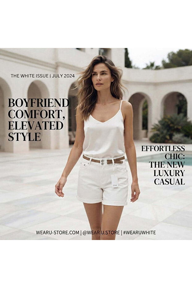 White Boyfriend Denim Shorts with Braided Belt