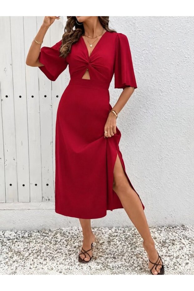 Women's Short Sleeve Front Wrap Detailed Side Slit Midi Sandy Dress