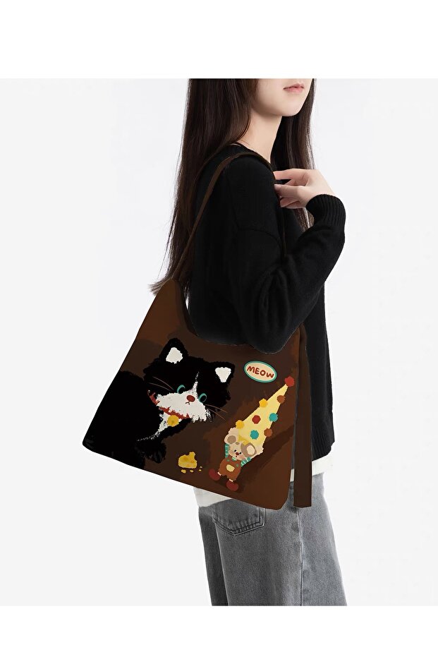 Cat and Mouse Printed Thick Gabardine Shoulder Bag with Adjustable Strap and Zipper