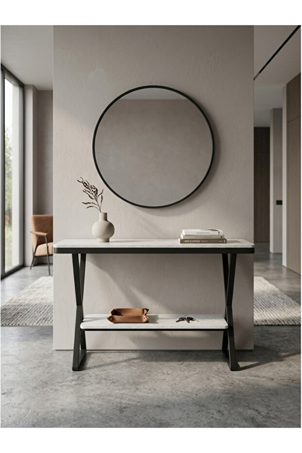 Wooden Console Table with Metal Bases Modern Storage Shelf