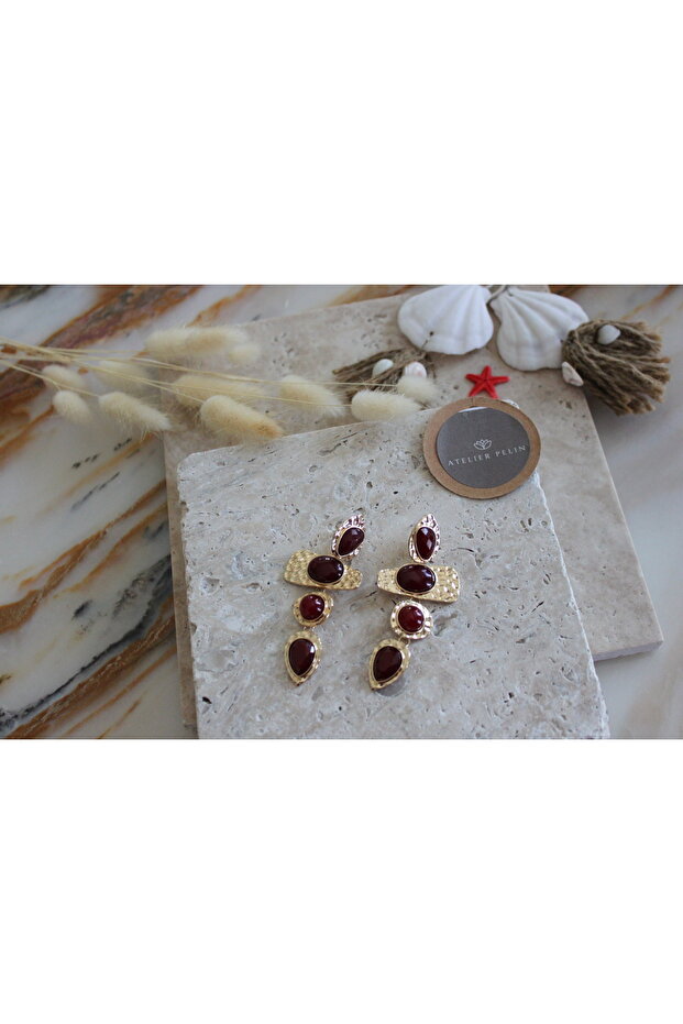 Dangle Mng Model Earrings with Burgundy Stones