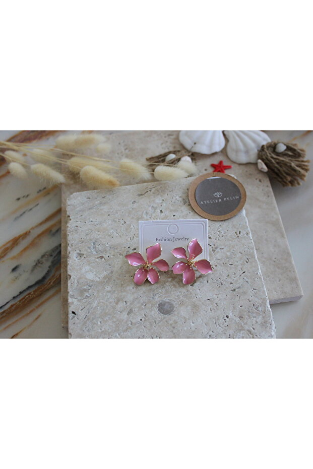 Pink Enamel Flower Model Earrings