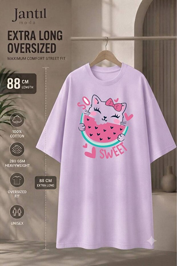 Crew Neck Extra Long Oversize Tunic T-Shirt with Watermelon Eating Cat and so Sweet Writing, Short Sleeves