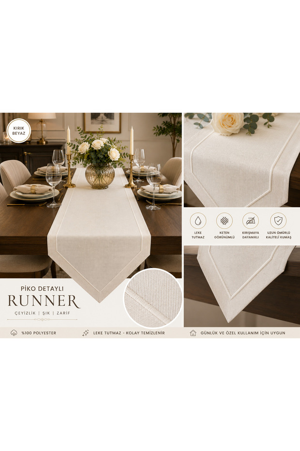Piko Detailed Dowry Box Runner | Linen Look Decorative Living Room and Dining Table Cover | Custom Size