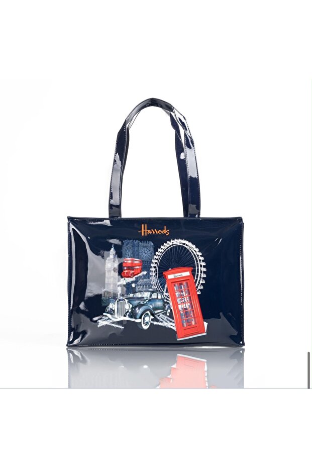 شنطة كتف/تسوق بشعار هارودز و معالم بريطانيا - لون اسود - مقاس كبير(الابعاد التقريبية (38cm*28cm*10cm)