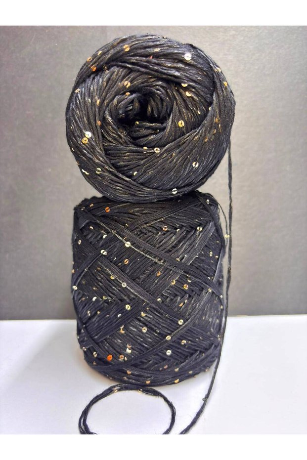 Black, Floss Gold Sequin Mix Viscose Cotton Bamboo (100% Organic) (Summer, Seasonal) Knitting Yarn 200Gr