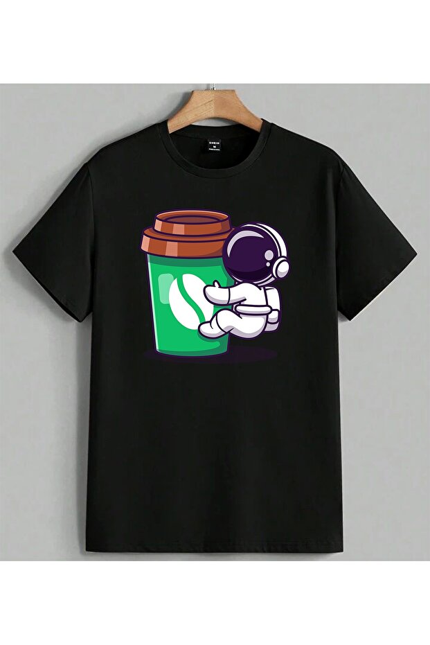 Astronaut Coffee Space Printed Unisex Oversize T-Shirt Black