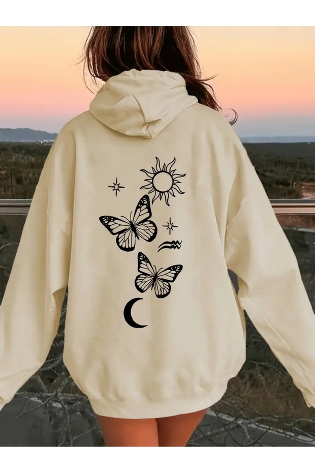 Women's Beige Sun Moon Printed 3 Thread Hooded Hoodie Sweatshirt