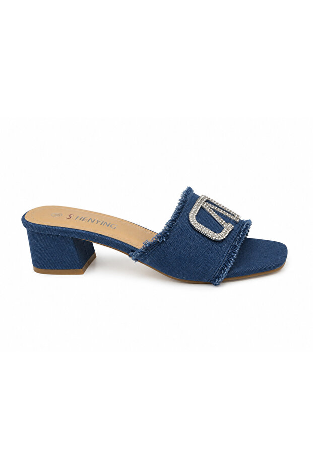 Denim Spark Crystal Block Heel Mules