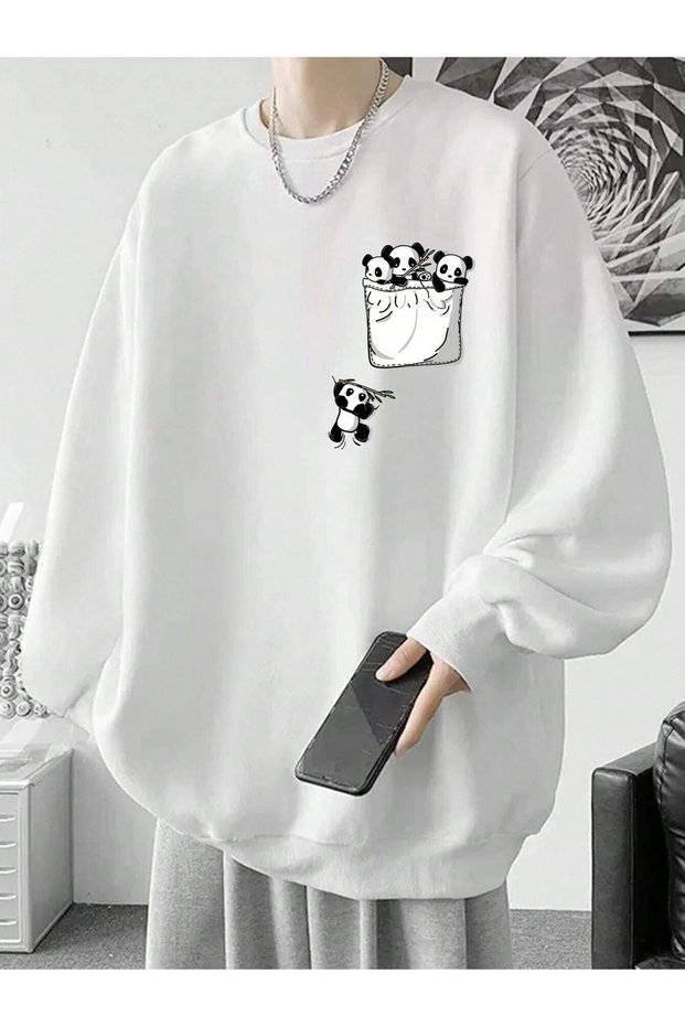 Men's White Falling Pandas Printed Oversize Crew Neck Sweatshirt