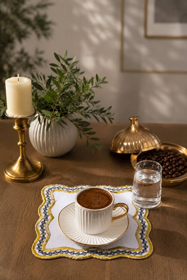 Embroidered Gold 6-Piece Coffee Serving Napkin Set, Dowry Coffee Serving Napkin Set, Sovruna
