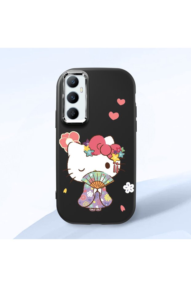 Realme C65 Compatible Case Camera Protector Black Silicone Couple Phone Case with Kitty Pattern