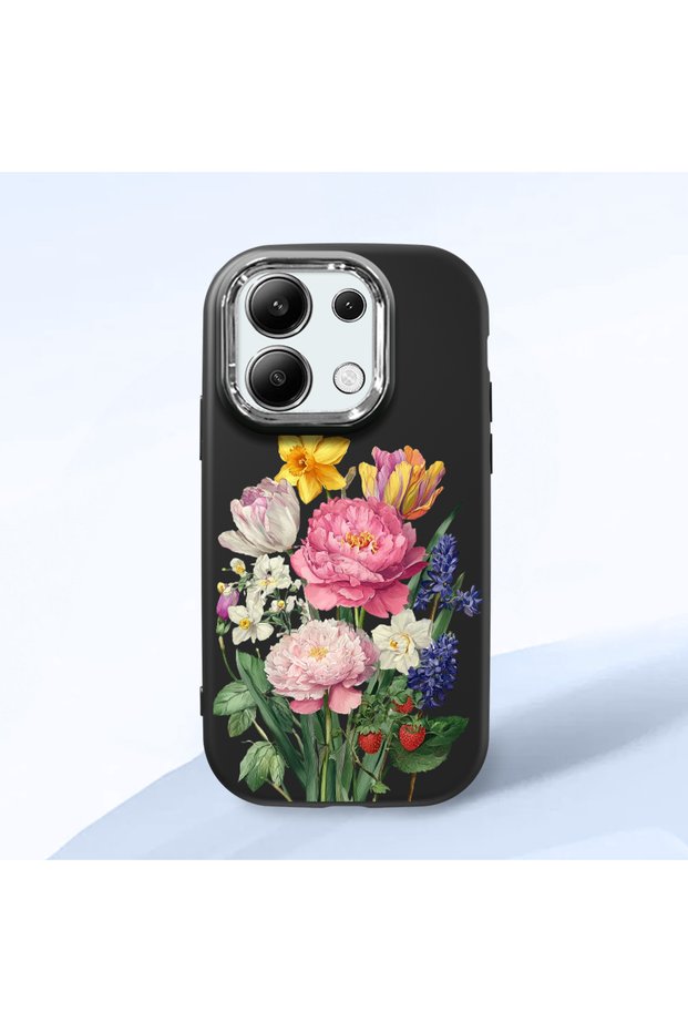 Redmi Note 13 4g Compatible Case Camera Protector Black Silicone Couple Phone Case with Floral Pattern