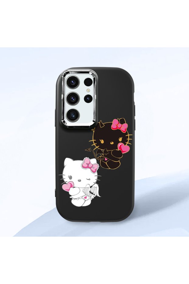 Samsung Galaxy S24 Ultra Compatible Case with Camera Protection Black Silicone Couple Phone Case with Kitty Pattern