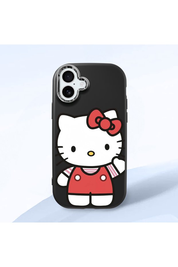 iPhone 16 Plus Compatible Case with Camera Protector Black Silicone Couple Phone Case with Kitty Pattern