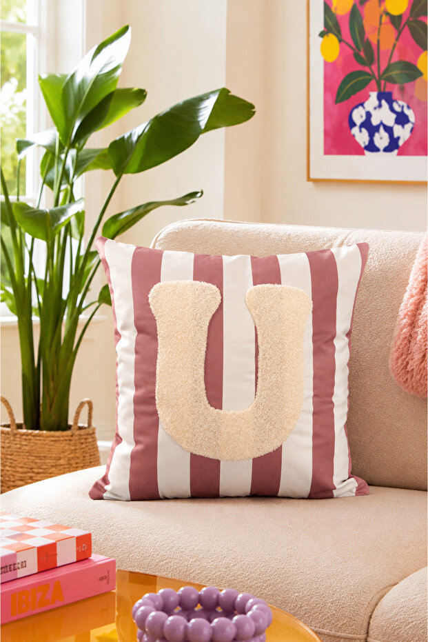 Punch Embroidered Throw Pillow Cover - 43*43 cm - Mocha Letter U - Pnk001