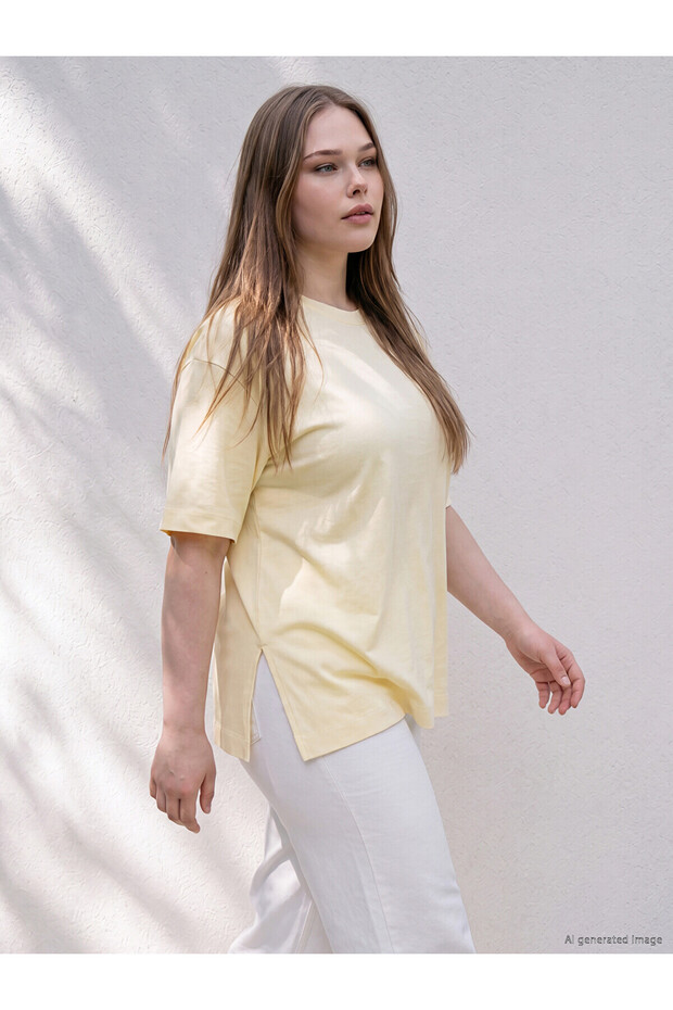 Lcw Curve Yellow Plus Size 100% Cotton Oversize Women's T-Shirt