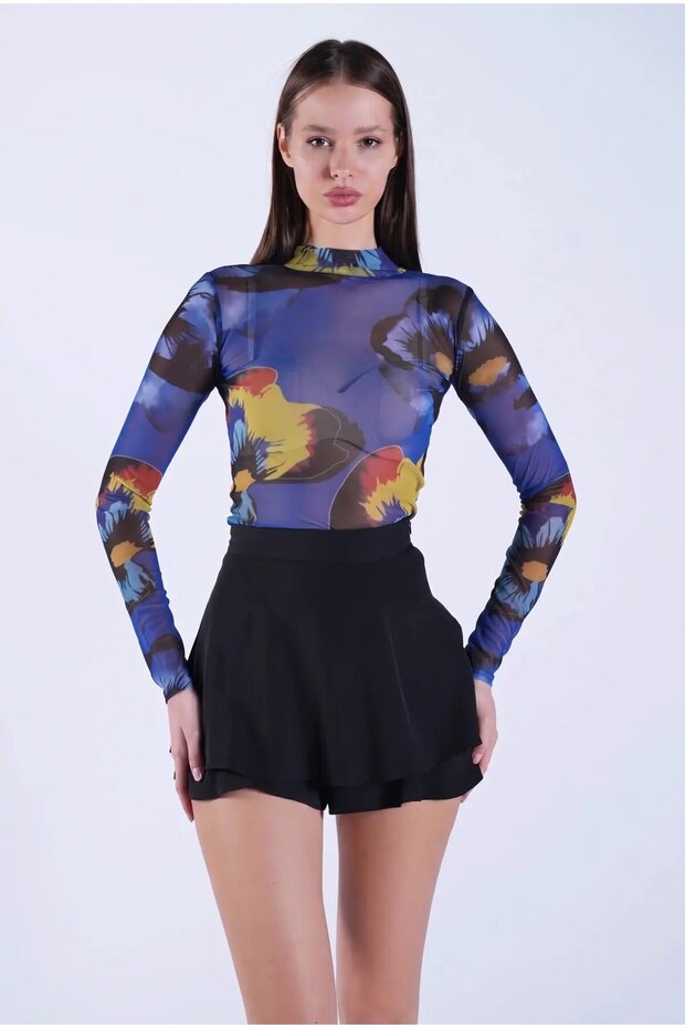 Women's Navy Blue Half Turtleneck Digital Printed Transparent Blouse Hzl26S-Zk10741
